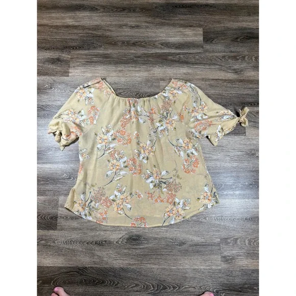 Unique Spectrum Blouse Womens 2X Tan White Orange Floral Button Decor Tie Sleeve - Picture 7 of 7